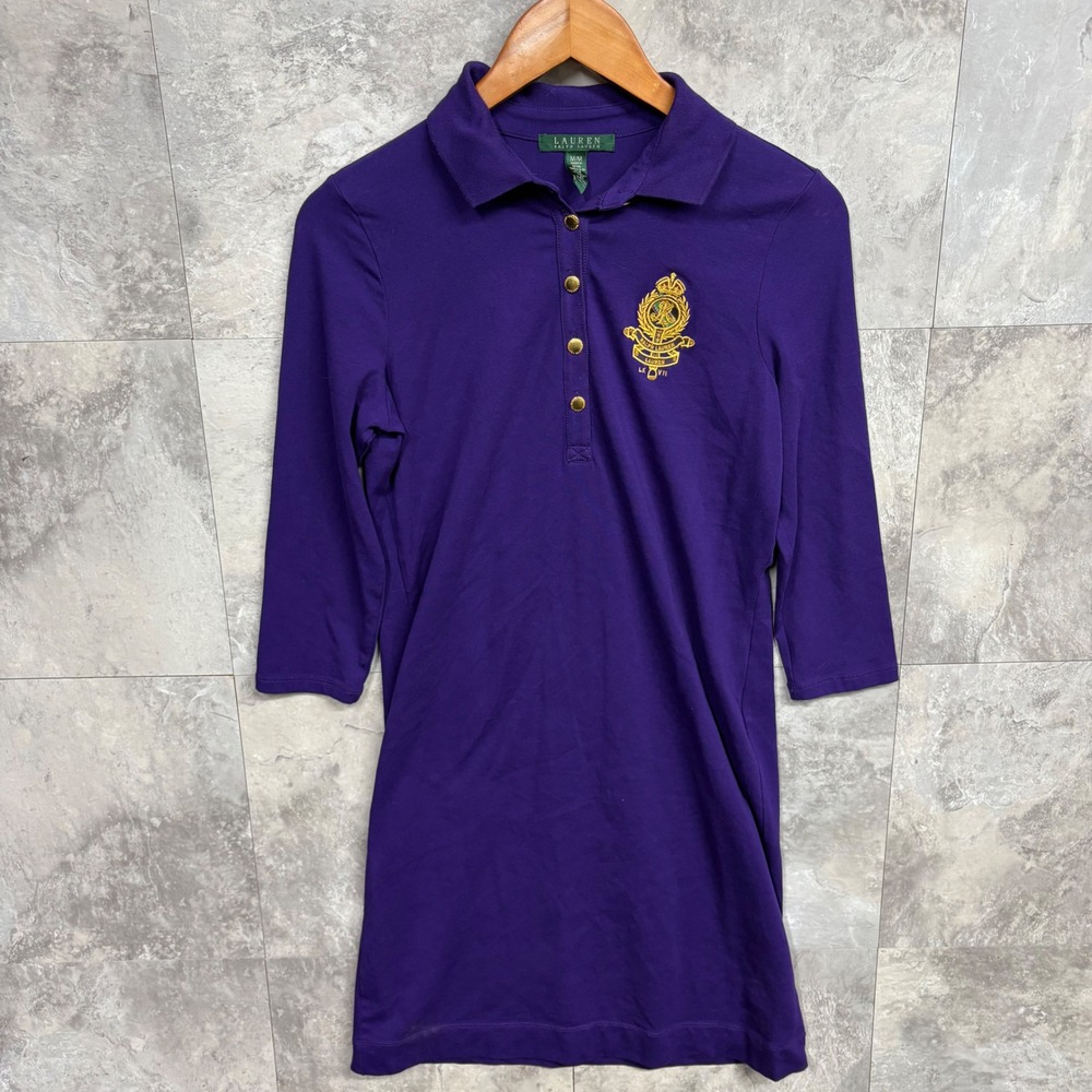 Lauren Ralph Lauren Purple Crest Polo Dress Gold Buttons 3/4 Sleeve Medium